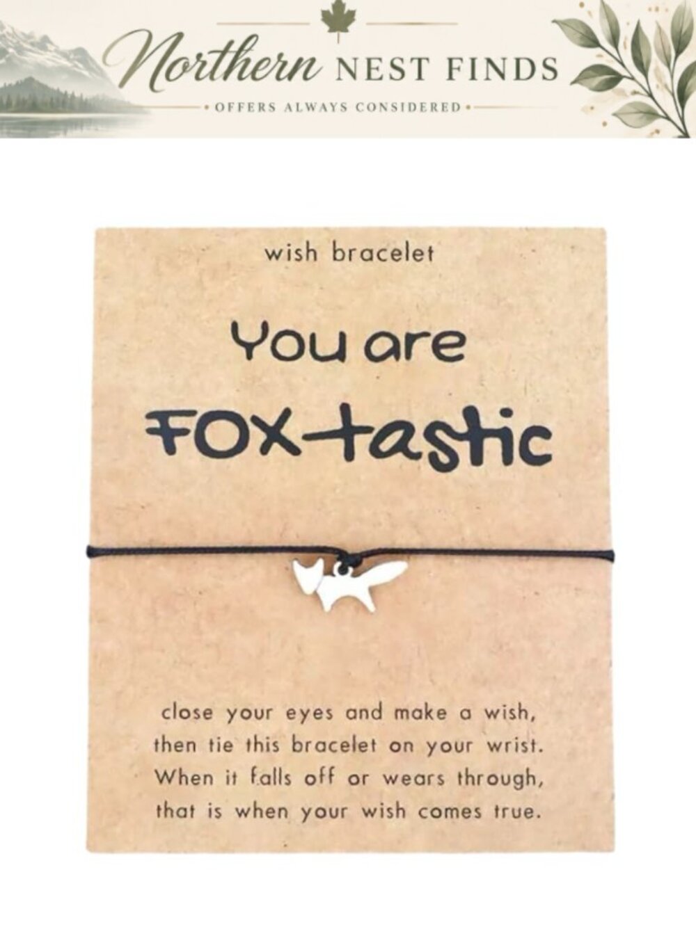 Handmade Fox Charm Wish Bracelet Black Cord With Card Gift